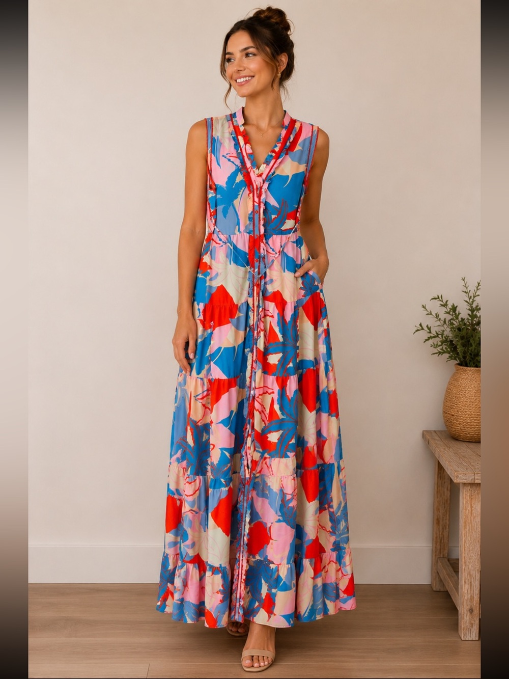 Sleeveless Abstract Print Maxi Dress - Blue & Red